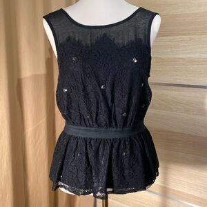 Meadow Rue Lace Peplum Blouse Size M Black Sleeveless Sheer Floral Top